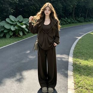 春秋季大码连帽卫衣吊带背心休闲裤显瘦运动三件套装女胖MM300斤