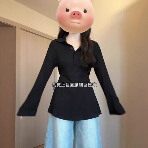 设计感绑带收腰长袖T恤女秋季大码胖mm修身半开领打底衫外穿上衣
