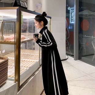 大码时尚撞色拉链卫衣裙女春秋季新款胖MM宽松显瘦遮肚长款连衣裙