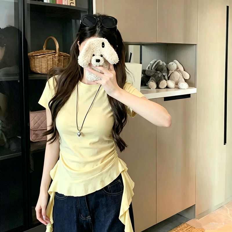 韩系不规则荷叶边短袖t恤女胖mm大码夏季修身显瘦设计感上衣240斤