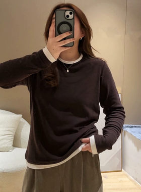 大码女装德绒拼色打底衫秋冬微胖mm宽松显瘦遮肉内搭t恤长袖上衣