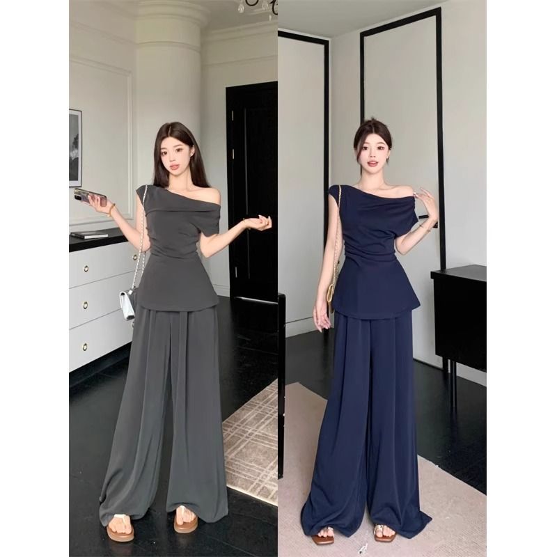 胖MM遮肉休闲套装女新款斜肩显瘦