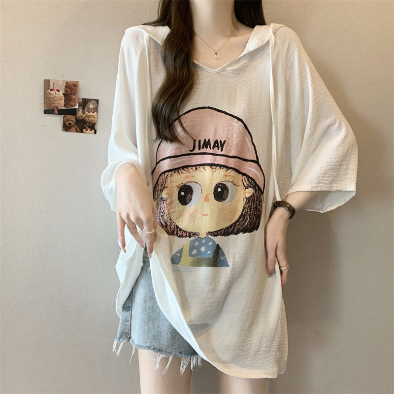 中长款防晒罩衫女装夏季胖mm大码短袖T恤遮屁股宽松连帽上衣300斤