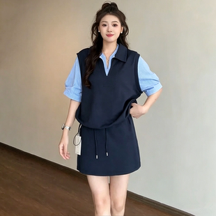 大码女装假两件条纹拼接短袖衬衫女夏季胖MM高级感韩版上衣300斤