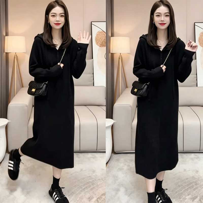 韩系慵懒风连帽连衣裙女胖MM大码春秋季宽松显瘦休闲卫衣裙长裙子图片