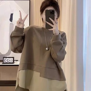 胖MM宽松显瘦中长款 新款 上衣300斤 设计拼接假两件卫衣女秋季 大码