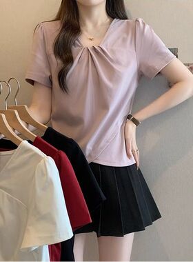 大码时尚设计v领短袖t恤女夏季新款胖mm百搭显瘦不规则上衣240斤