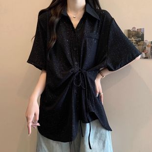 大码系带短袖不规则衬衫女夏季新款胖mm宽松显瘦中长款遮屁股上衣