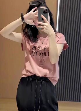 大码正肩短袖t恤女夏季新款宽松设计感小众洋气减龄胖MM上衣250斤