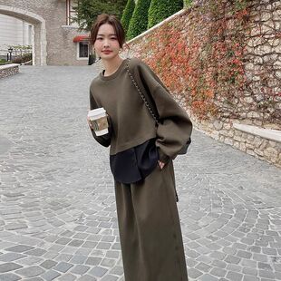 大码时尚休闲套装女秋季新款胖MM宽松显瘦遮肚子卫衣半身裙两件套