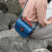 小众手工定制蓝色包包女单肩斜跨真皮马鞍包头层牛皮日系复古撞色