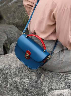 小众手工定制蓝色包包女单肩斜跨真皮马鞍包头层牛皮日系复古撞色