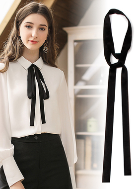 HJG黑色真丝缎面桑蚕丝超细长条衬衣飘带窄丝巾围巾装饰脖子