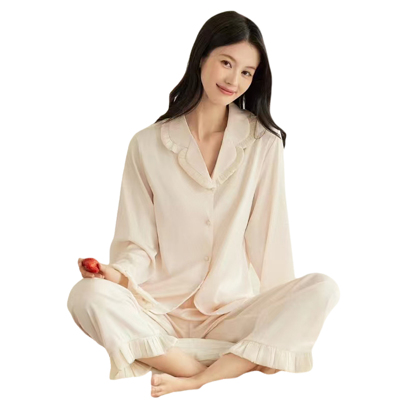 小妇人法式睡衣女夏季甜美花边冰丝长袖长裤两件套高级感家居服