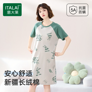 宽松抑菌除螨 意大莱100%纯棉睡裙女士夏季 短袖 薄款 全棉可外穿大码