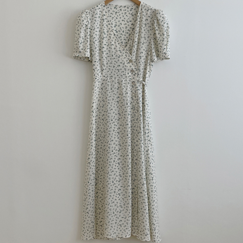 韩版X型腈纶碎花收腰连衣裙