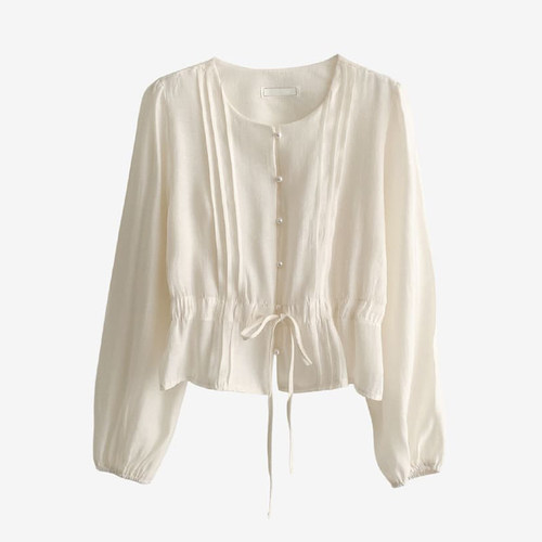 宽松简约圆领单排扣系带女衬衫