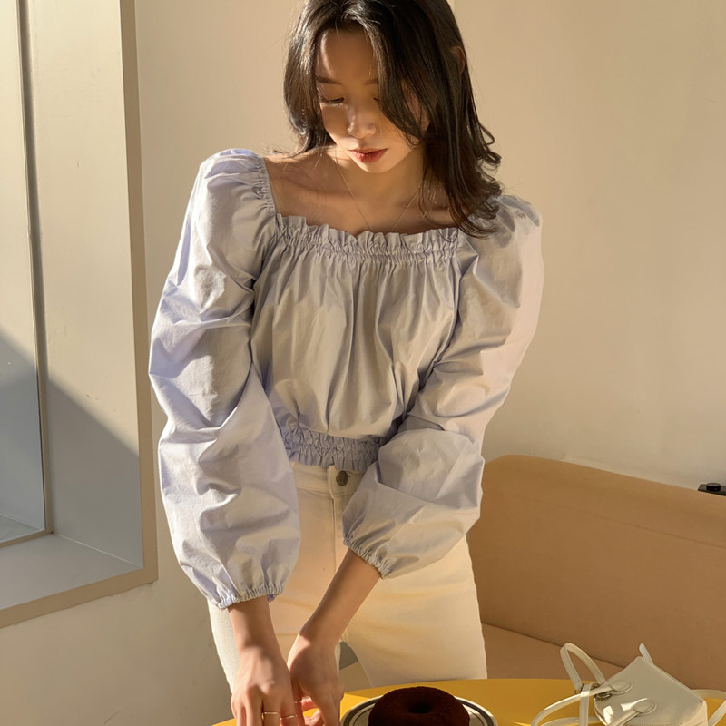 2023夏季~holic时尚百搭简约少女范长袖方领纯棉套头女衬衫短款