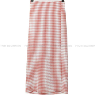 21夏季beginning时尚百搭甜美清新少女范棉料格子直筒开叉半身裙