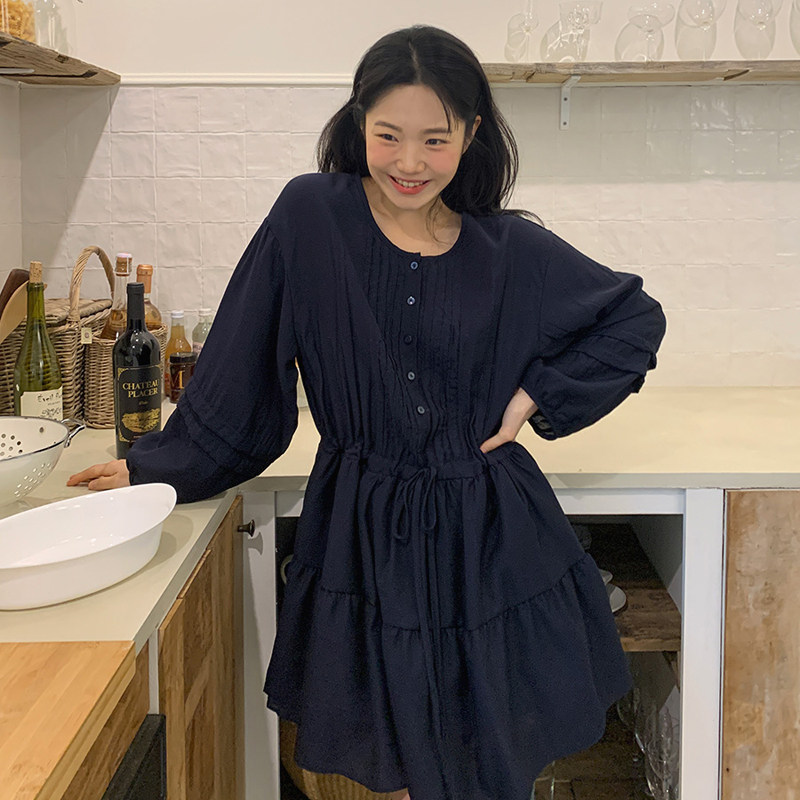 24春夏begin~时尚百搭简约气质圆领宽松式长袖套头A字连衣裙短款