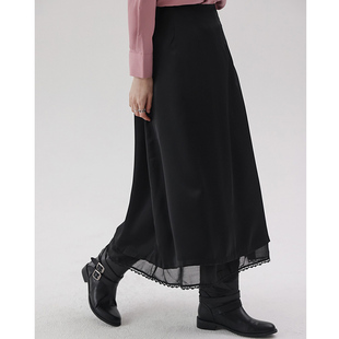 2026春夏common时尚简约优雅温柔光滑蕾丝拼接松紧要A型女半身裙