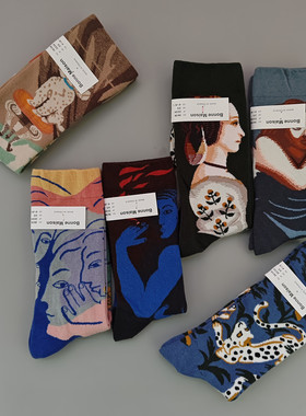 新品BM法国小众潮牌油画印花中筒袜女文艺复古彩色棉袜个性袜子