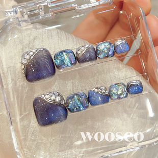 蓝色系穿戴甲脚高级感显白手工脚趾甲贴片2025新款 脚指甲美甲 爆款