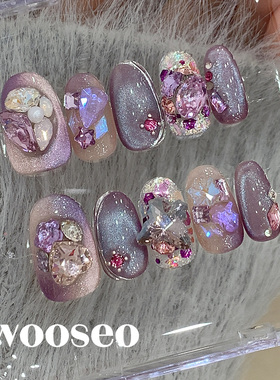 紫色猫眼穿戴甲中长款高级感秋冬手工穿戴式美甲2025新款指甲贴片