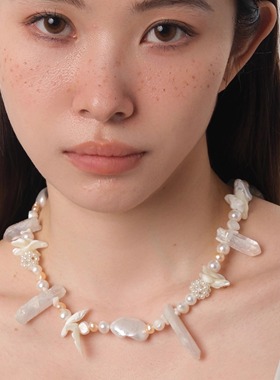 GetEmON原创高级感好运小众珍珠白水晶原石拼接男女串珠锁骨项链