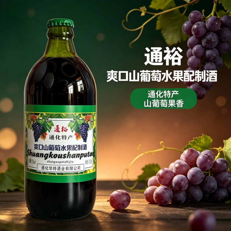 通裕通化产葡萄水果配制酒2度500ml玻璃瓶果酒低度