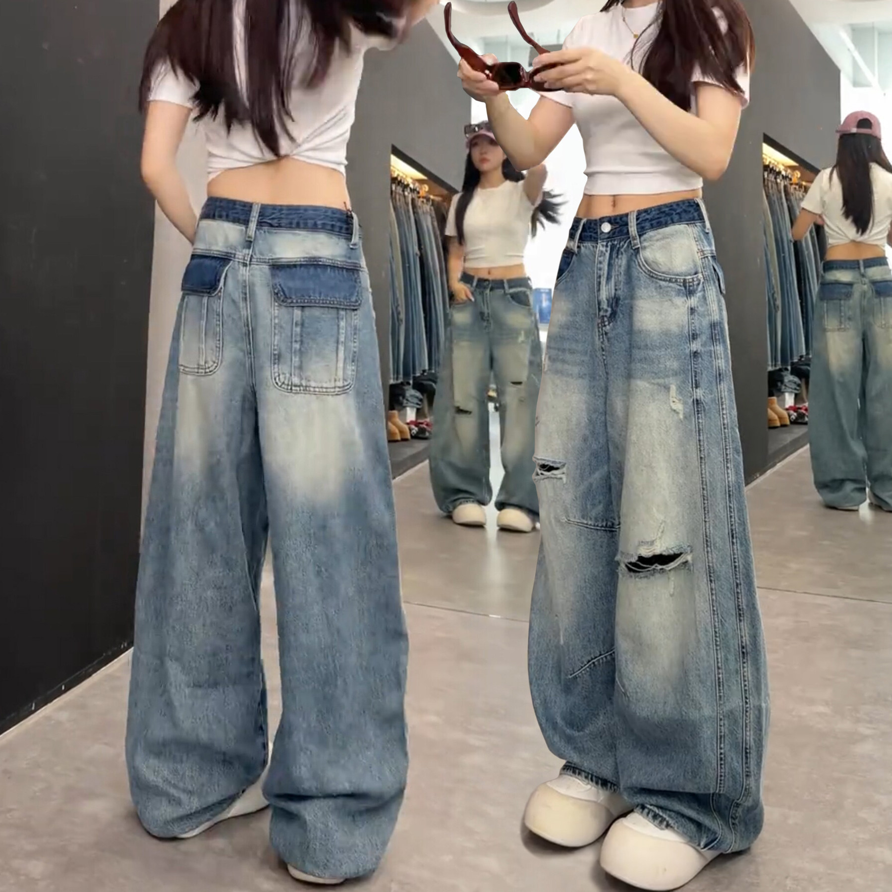 破洞弯刀牛仔裤女秋季2026新款大码胖mm百搭显瘦美式阔腿直筒裤子