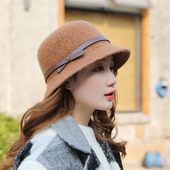 新款 羊毛渔夫帽宽檐女皮扣英伦韩版 秋冬帽休闲针织帽复古毛呢盆帽