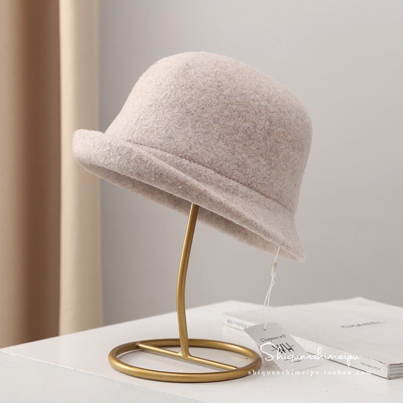 羊毛呢渔夫帽子女秋冬保暖韩版纯色百搭英伦复古盆帽日系卷边礼帽