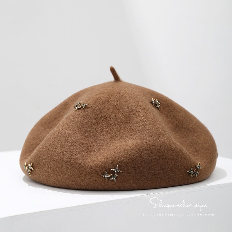 贝雷帽女秋冬时尚百搭羊毛画家帽子女冬黑色复古珍珠水钻蓓蕾帽潮