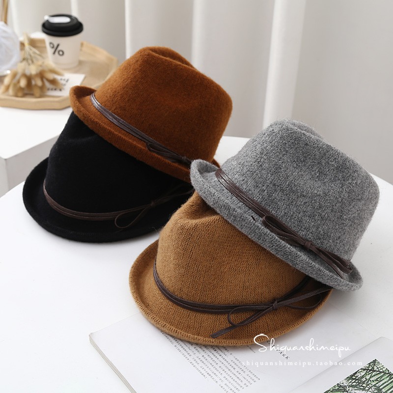 新款纯羊毛卷边礼帽女秋冬英伦毛呢复古爵士帽保暖气质短檐小盆帽