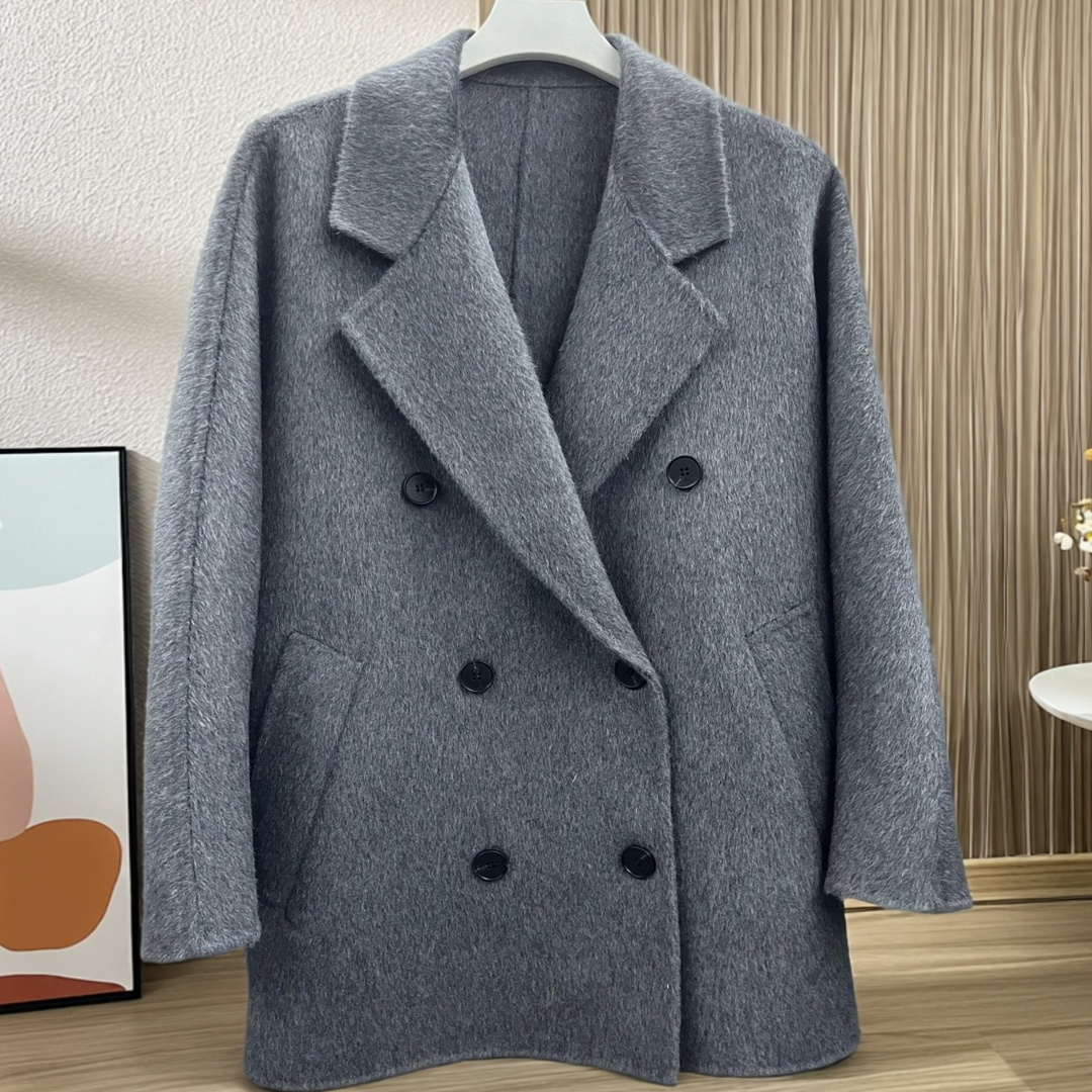 秋冬灰色双面羊绒大衣小个子外套