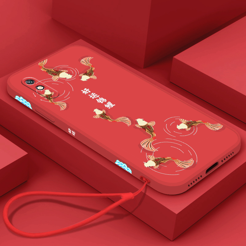 送挂绳中国红好运锦鲤红米9手机壳新年款虎年国风潮红米9a液态硅胶软壳note7全包摄像头防摔note7pro保护套