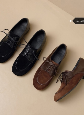 复古英伦绒面大码小皮鞋女圆头系带单鞋深口43大码粗跟女鞋42.43