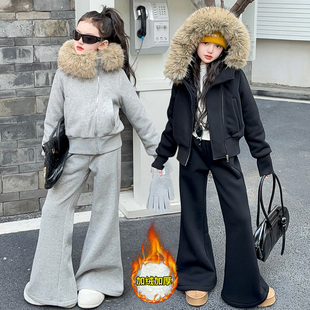 2025大毛领加绒卫衣套装女童冬季巨好看加厚连帽休闲阔腿裤两件套