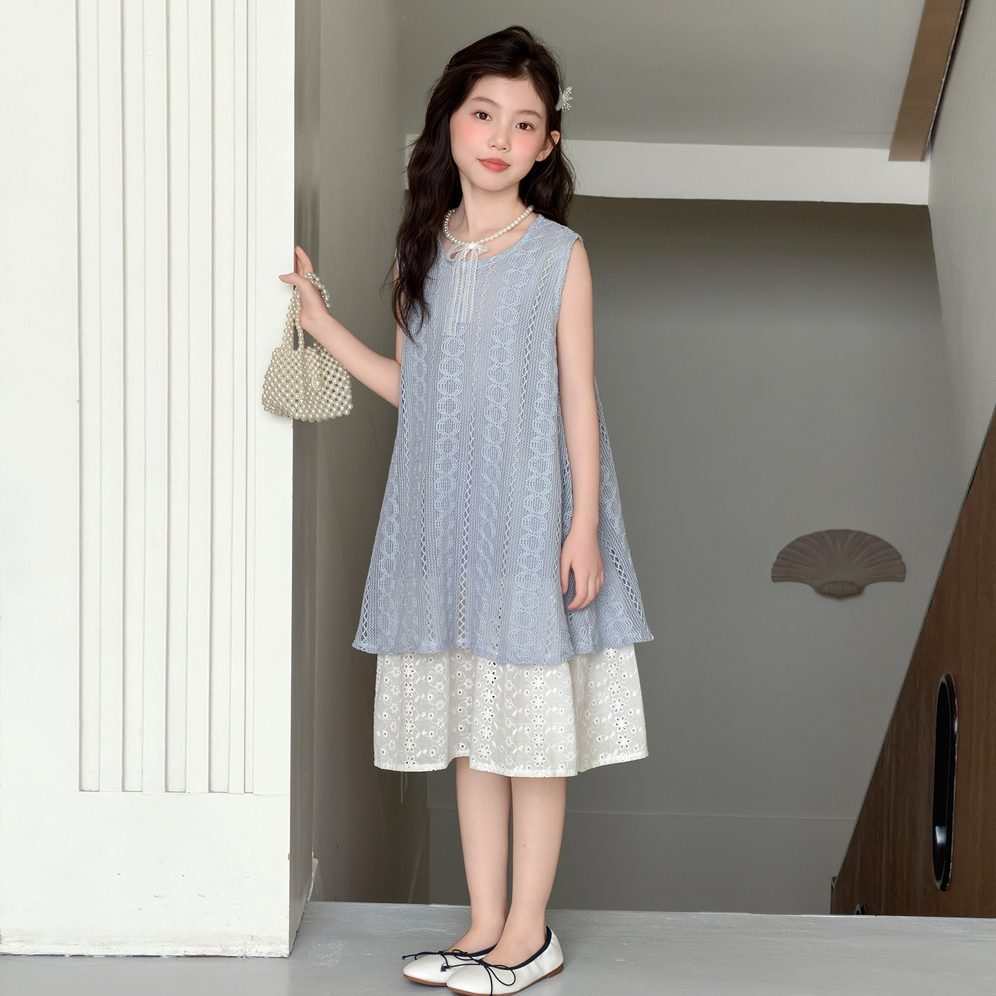韩版女童连衣裙夏季无袖蕾丝拼接假两件中长裙蓝色背心裙