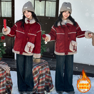 女童秋冬款加绒加厚皮毛一体外套中大童红色新年服女孩冬装拜年服
