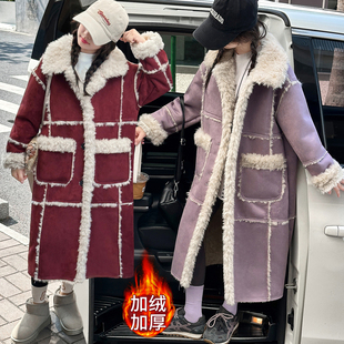 女童中大童韩系慵懒风皮毛一体加长款时髦洋气外套仿皮草加厚大衣