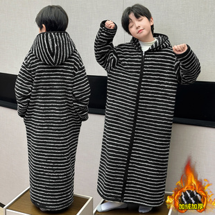 2025新款秋冬季保暖黑色条纹腊肠狗睡袍时髦男女童加绒加厚家居服