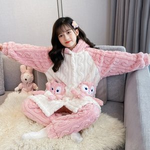 女童卡通睡衣珊瑚绒加绒加厚法兰绒秋冬季女孩可爱家居服儿童套装