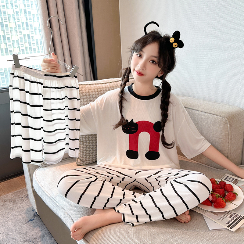 儿童莫代尔睡衣2025新款夏薄款短袖女童三件套女孩空调家居服套装