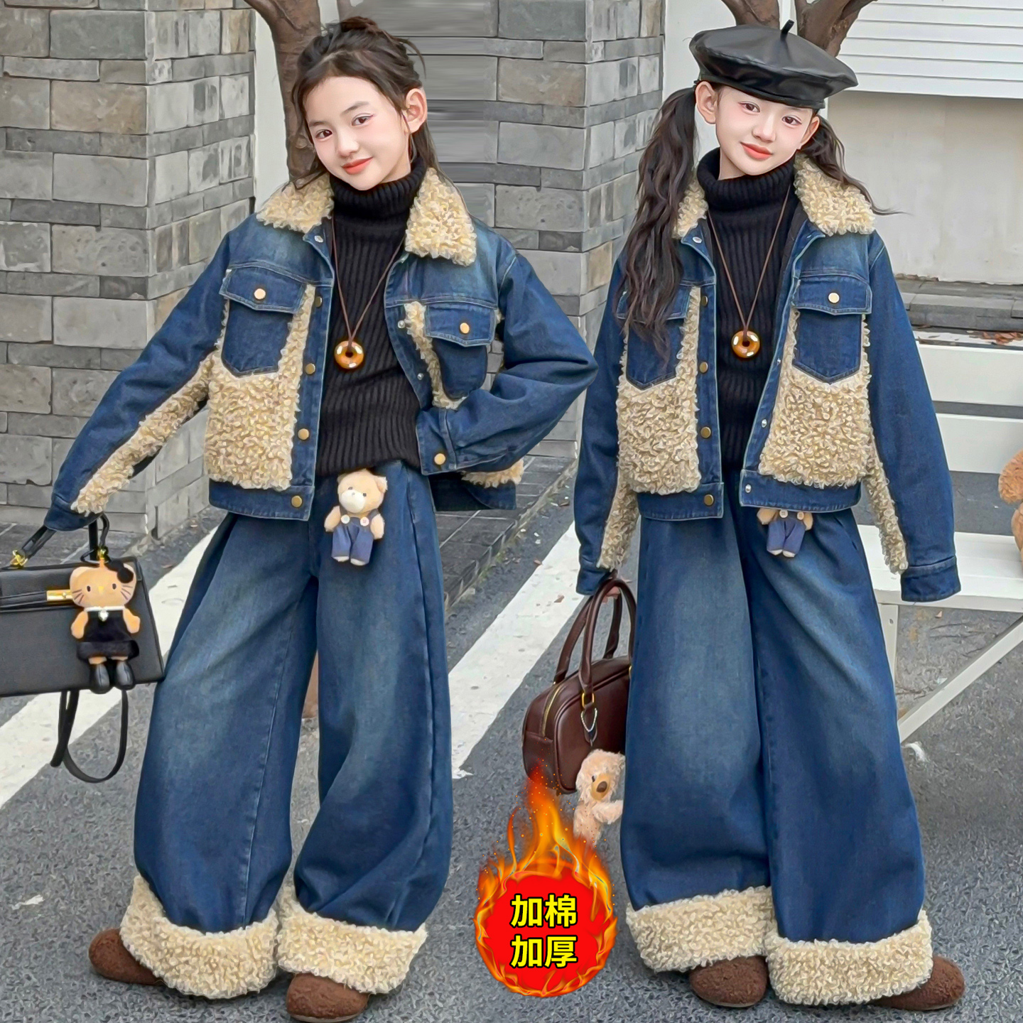 女童牛仔套装秋冬款2025新款时髦中大童韩版羊羔绒加厚毛毛两件套