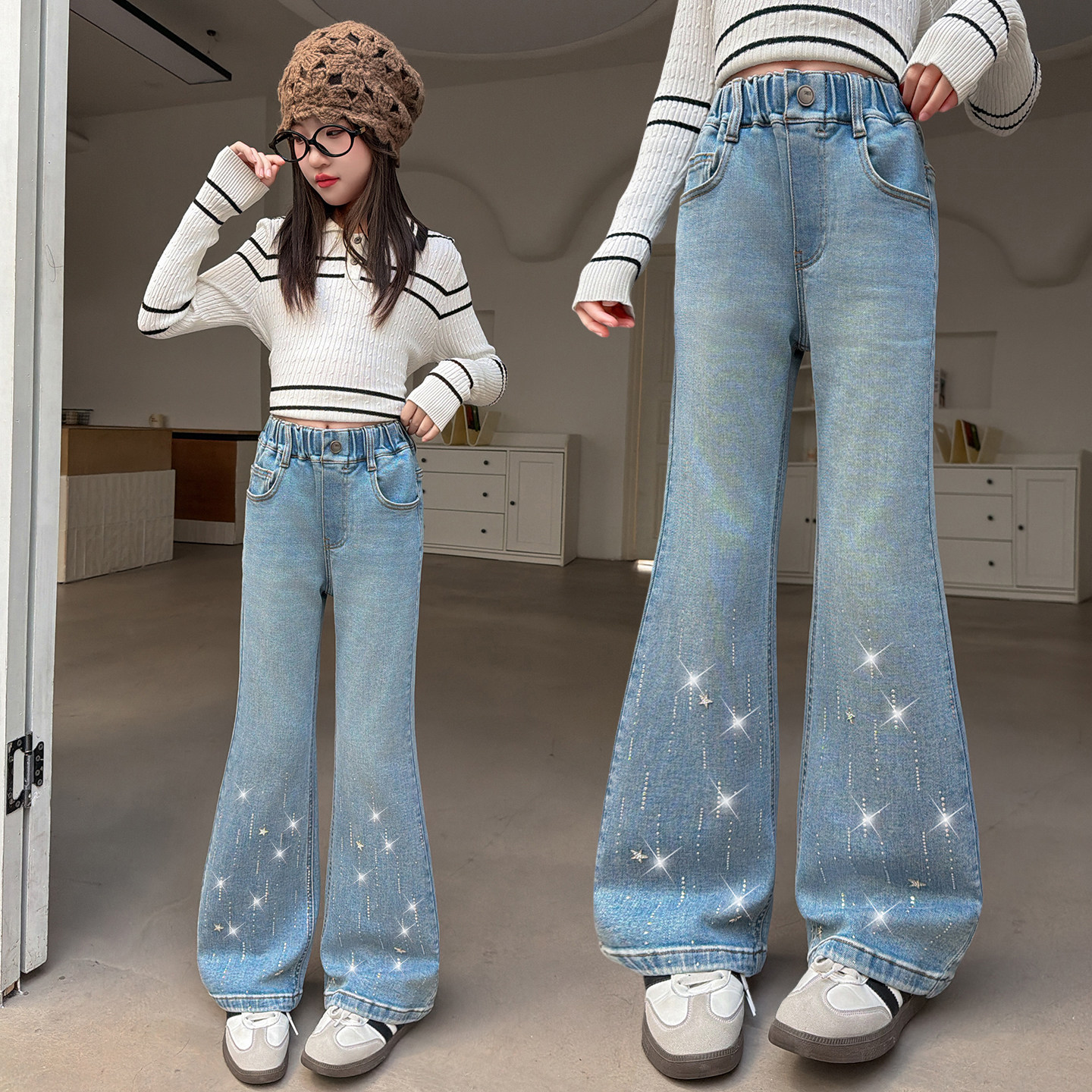 女童喇叭牛仔裤2026年新款春秋中大童韩版五角星弹力女孩烫钻长裤
