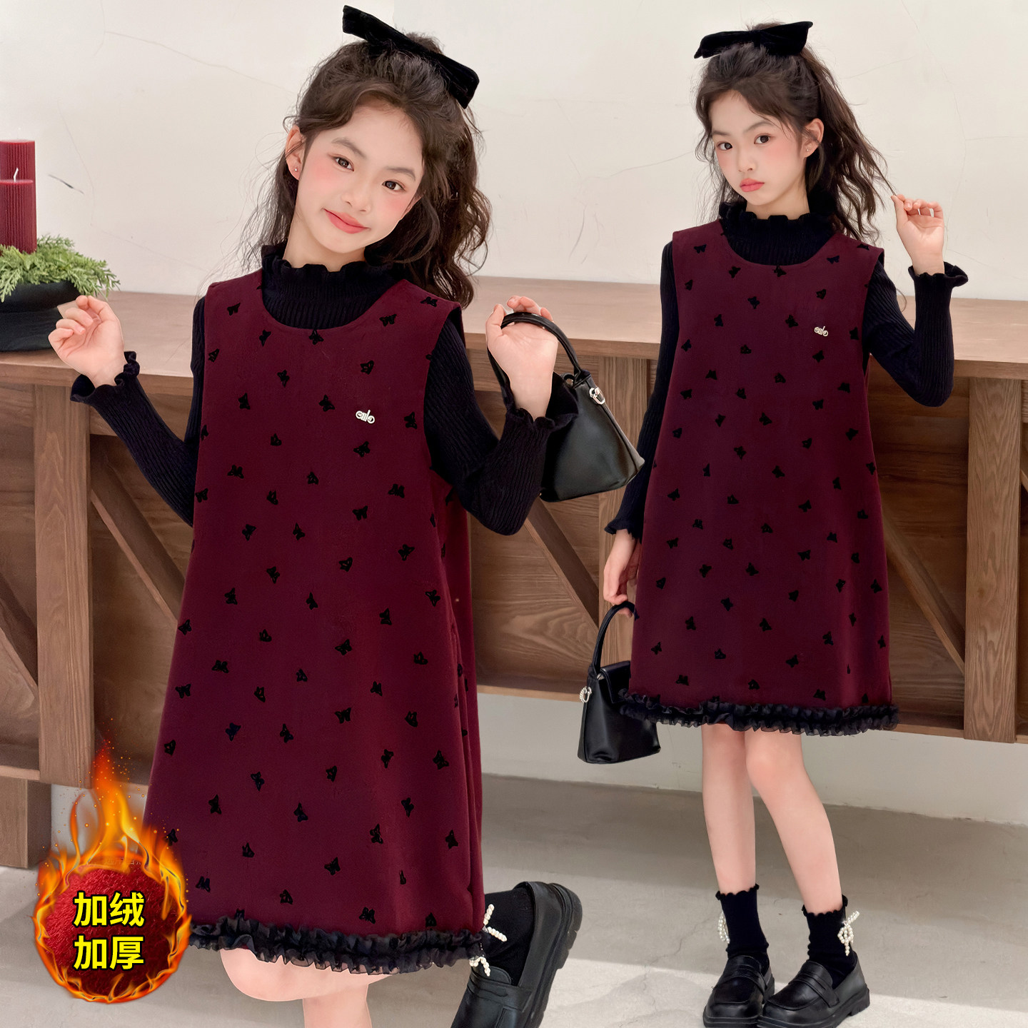 女童加绒连衣裙套装冬季新款中大童红色加厚新年公主裙女孩拜年服