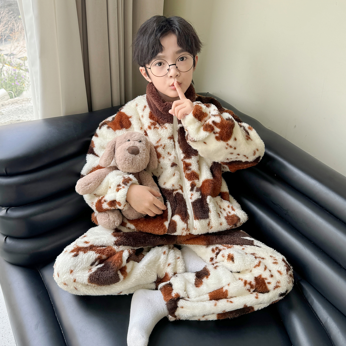 秋冬季儿童加绒保暖家居服两件套