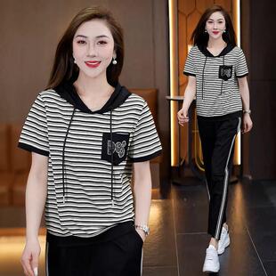 夏季套装女高级感时尚条纹小个子连帽短袖长裤薄款休闲跑步运动服